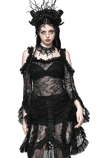 Black Sheer Lace Top with Flowing Dramatic Bell Sleeves